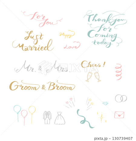 ウェディングに使える手描きの文字とイラストセット 130739407