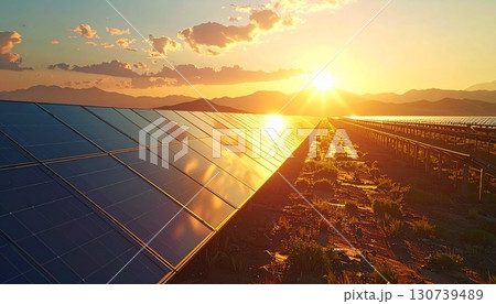 広大なソーラーファームに並ぶ太陽光パネル 130739489