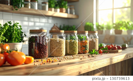 木製カウンターに並ぶ再利用可能なガラスジャーと食材 木製カウンターに並ぶ再利用可能なガラスジャーと食材 130739613