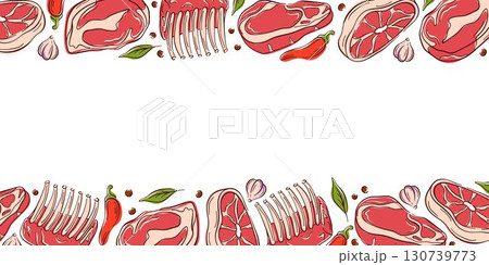Border frame of raw meat steak, ribs and spices with garlic, chili and herbs drawn in flat style on a white background. 130739773