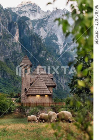 Mountain Scenery with Sheep Gazing in Theth 130739796