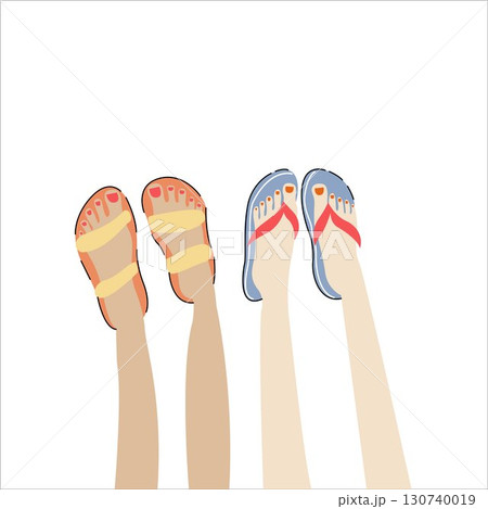 Flip flops on sandy beach. Summer Flip Flops. Flip flops on the beach. Summer vector illustration for banner, card, invitation, sales. Beautiful female legs with painted nails in flip-flops. 130740019