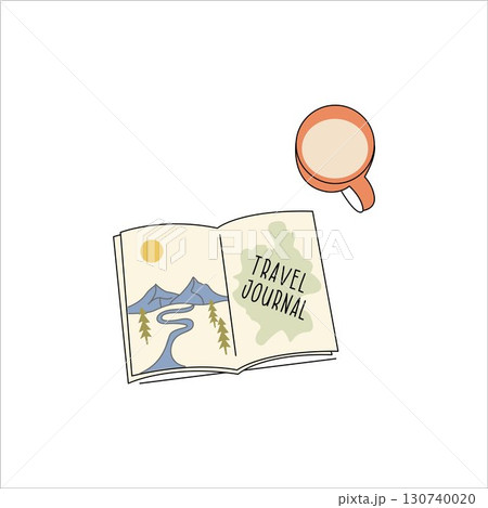 Travel journal with drawings. Open paper diary vector illustration. Cartoon cute notebook for handwritten notes. Cartoon vector travel diary with handwritten notes on the isolated background 130740020