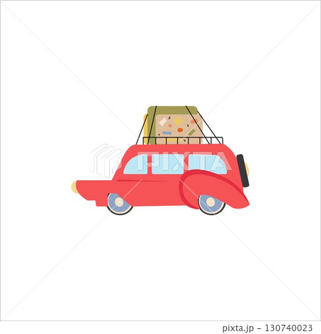 Road trip. Car on Road Trip. Travel vehicle Concept Tourism and Vacation Together. illustration of spring vacations holiday, blooming trees, world travel with suitcases on car's roof. 130740023
