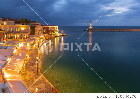 Chania Venetian Harbor Greece night lights 130740270