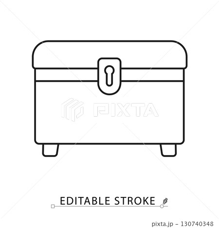 A chest icon in minimalist style with editable stroke. Storage furniture symbol, wooden box element, interior object, home decor concept, household pictogram, vintage trunk design, container graphic. A chest icon in minimalist style with editable stroke. Storage furniture symbol, wooden box element, interior object, home decor concept, household pictogram, vintage trunk design, container graphic. 130740348