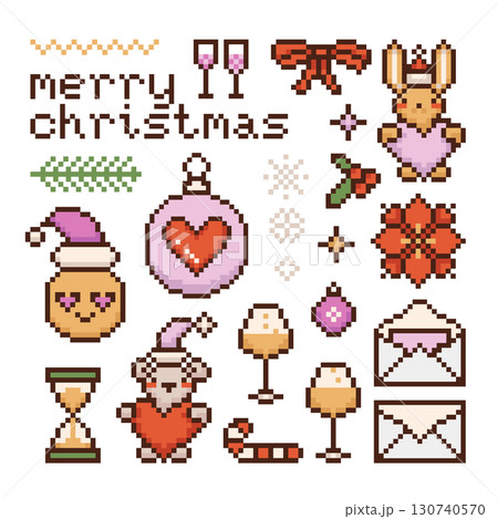 Set of xmas coquette pixel elements of Christmas tree branch, wineglasses, poinsettia flowers, bow, bunny and teddy with hearts and baubles. Vintage 8-bit art whimsical vector illustration. 130740570
