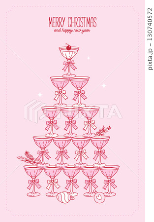 Coquette Christmas greeting card with champagne tower. Elegant contour vintage vector hand drawn illustration of glass pyramid with elegant girly bows. 130740572