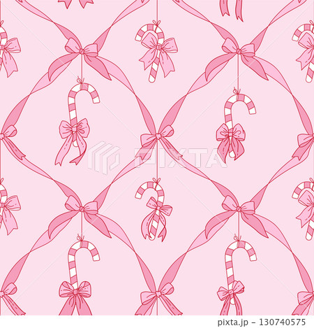 Coquette pink Seamless pattern of hand drawn vintage Christmas ornament including hanging candy canes with bows on satin ribbon checkered grid background. Vector contour hand drawn design. Coquette pink Seamless pattern of hand drawn vintage Christmas ornament including hanging candy canes with bows on satin ribbon checkered grid background. Vector contour hand drawn design. 130740575