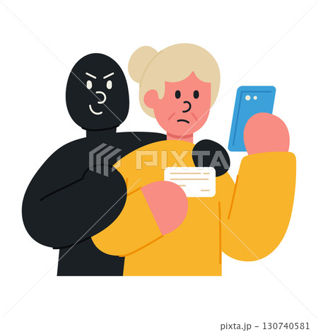 Vector illustration of impersonation scam concept. A scammer in black character is deceiving an elderly woman, stealing her personal information. Online fraud, identity theft, and cybercrime concept. 130740581