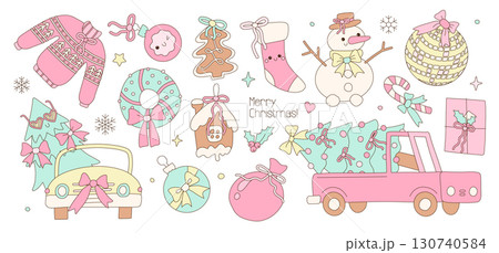 Set of Pastel Coquette Christmas elements and characters - Xmas tree and Snowman, Pink and Mint Green Doodle Hand Drawn whimsical baubles, cars, gingerbread with cute bows. Vector illustration. 130740584