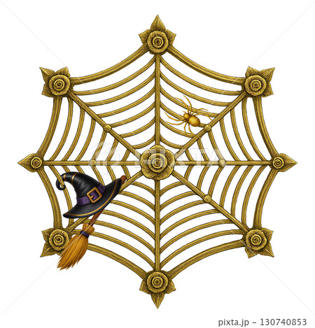 金色の蜘蛛の巣と魔女の帽子・ほうきを組み合わせたハロウィン装飾素材 金色の蜘蛛の巣と魔女の帽子・ほうきを組み合わせたハロウィン装飾素材 130740853