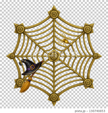 金色の蜘蛛の巣と魔女の帽子・ほうきを組み合わせたハロウィン装飾素材 金色の蜘蛛の巣と魔女の帽子・ほうきを組み合わせたハロウィン装飾素材 130740853