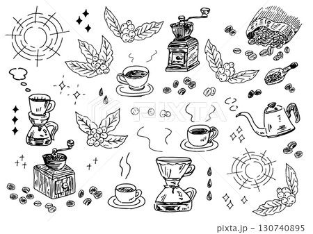 手描きコーヒーのイラストセット(白黒) 130740895