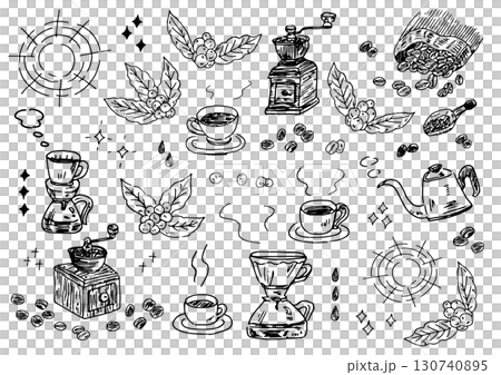 手描きコーヒーのイラストセット(白黒) 130740895