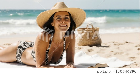 Smiling woman reading book and sunbathing on sandy beach with summer vibes 130740896