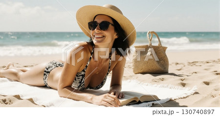 Smiling woman reading book and sunbathing on sandy beach with summer vibes 130740897