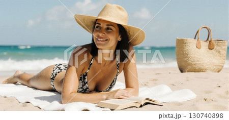 Smiling woman reading book and sunbathing on sandy beach with summer vibes 130740898