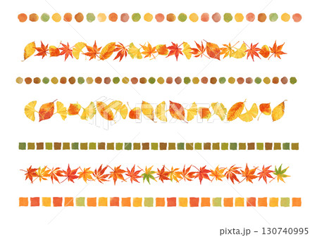 色とりどりに紅葉した落ち葉のボーダー装飾　手描き水彩タッチのイラストセット　 130740995
