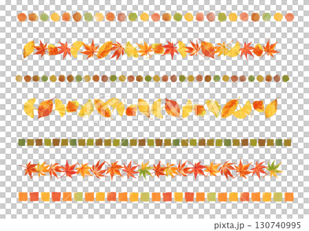 色とりどりに紅葉した落ち葉のボーダー装飾　手描き水彩タッチのイラストセット　 130740995