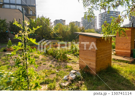 Urban community garden in Zizkov, Prague, Czech Republic. Sustainable green space with planting beds surrounded by modern apartment buildings in the heart of the city Urban community garden in Zizkov, Prague, Czech Republic. Sustainable green space with planting beds surrounded by modern apartment buildings in the heart of the city 130741114