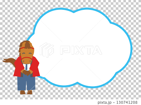 2026 Year of the Horse Illustration of a horse character salesperson wearing a red happi coat with copy space 130741208