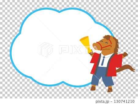 2026 Year of the Horse Illustration of a horse character salesperson wearing a red happi coat with copy space 130741210