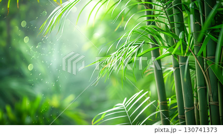 Bamboo grove with sunlight filtering through, creating natural backdrop. Image emphasizes tranquility and green living for eco-friendly projects, wellness themes, or sustainable lifestyle branding 130741373