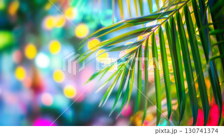 Vibrant green palm leaf against colorful bokeh background, evoking tropical party vibe. Playful contrast suggests festive concept, suitable for summer event invitations or exotic-themed promotions 130741374
