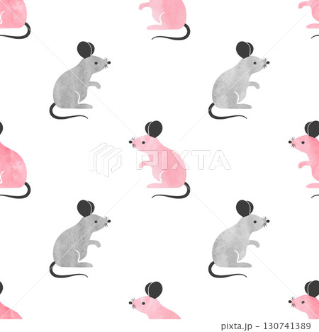 Seamless pink and grey cute mouse pattern. Vector background with cartoon mice Seamless pink and grey cute mouse pattern. Vector background with cartoon mice 130741389
