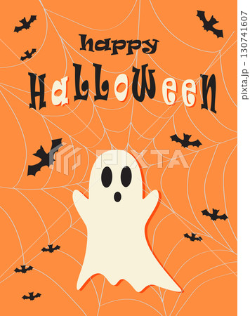 Halloween cards. Cute ghosts on a orange background. Funny Halloween characters and the inscription happy Halloween. 130741607