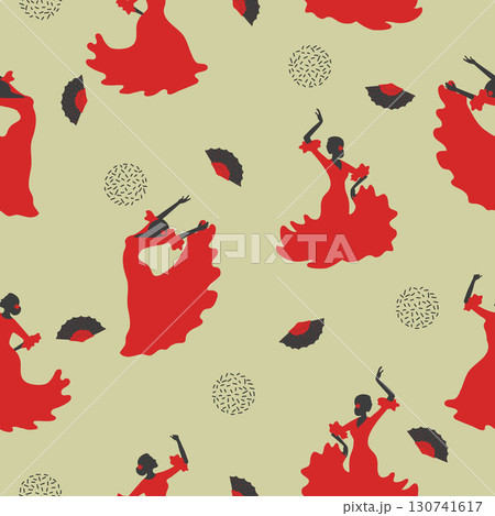 Seamless flamenco dancer pattern. Dancing Spanish girl with fan Seamless flamenco dancer pattern. Dancing Spanish girl with fan 130741617