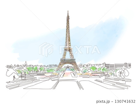 一筆書き フランス パリ エッフェル塔を望む風景 Paris, France 130741632