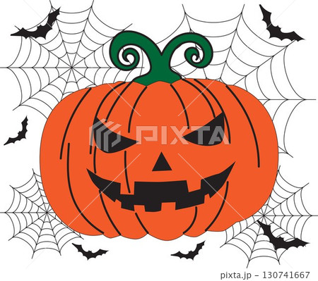 Spooky Halloween pumpkin with a sinister face and two spiderwebs on either side, perfect for seasonal designs. Spooky Halloween pumpkin with a sinister face and two spiderwebs on either side, perfect for seasonal designs. 130741667