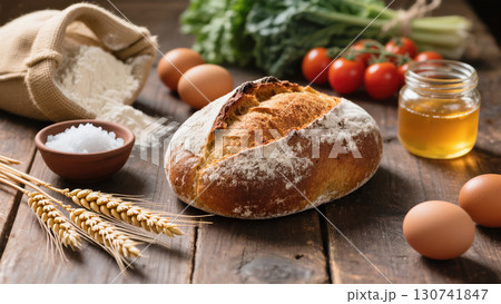 Freshly baked rustic bread on wooden table with flour, eggs, honey, tomatoes and wheat ears, symbol of traditional homemade food 130741847