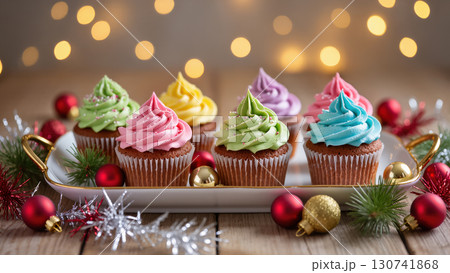 Christmas cupcakes with colorful cream frosting and sprinkles on festive tray decorated with ornaments, pine branches, and glowing holiday lights 130741868