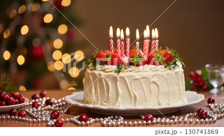 Festive cake with white cream, strawberries, and lit candles on plate surrounded by berries, beads, and glowing holiday bokeh lights 130741869