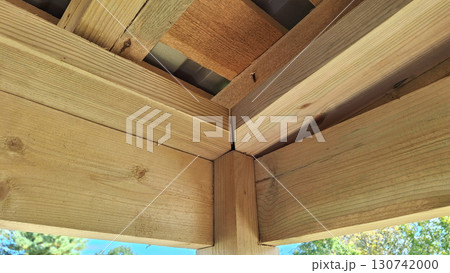 Close-up of wooden beam intersection in outdoor construction project 130742000
