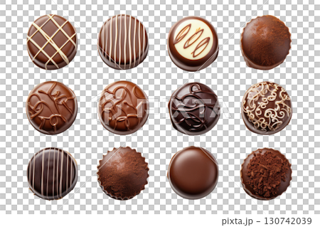 Assorted gourmet chocolate candies arranged in a grid pattern, showcasing rich textures and intricate designs. Isolated on transparent background. PNG, cutout. Assorted gourmet chocolate candies arranged in a grid pattern, showcasing rich textures and intricate designs. Isolated on transparent background. PNG, cutout. 130742039