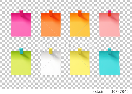 Colorful sticky notes arranged in a grid pattern, showcasing vibrant hues and shadows, ideal for organization and creative brainstorming concepts. Isolated on transparent background. PNG, cutout. 130742040