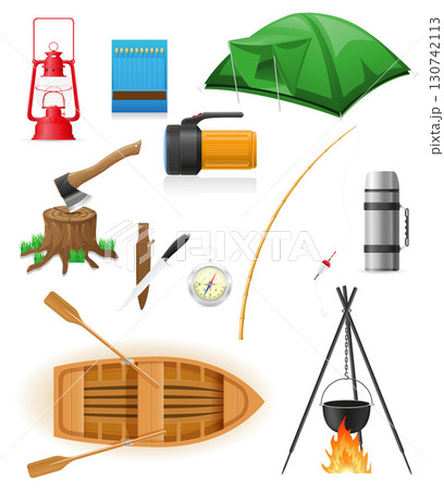 outdoor recreation items and equipment cartoon stock vector illustration 130742113