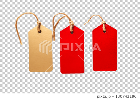 Colorful blank tags in various shapes and sizes, showcasing a vibrant palette for labeling, pricing, or crafting purposes in creative projects. Isolated on transparent background. PNG, cutout. 130742190