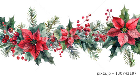 Vibrant watercolor illustration of festive garland with poinsettias and holly, adorned with red berries and lush greenery. Isolated on transparent background. PNG, cutout. 130742197