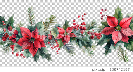 Vibrant watercolor illustration of festive garland with poinsettias and holly, adorned with red berries and lush greenery. Isolated on transparent background. PNG, cutout. 130742197