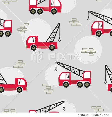 Seamless construction pattern with cartoon red vehicles Seamless construction pattern with cartoon red vehicles 130742368