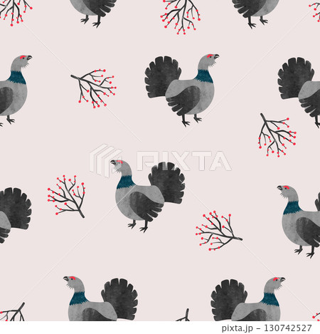 Seamless capercaillie bird pattern. Vector illustration with watercolor cartoon grouse 130742527