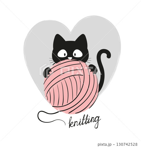 Black cat with a ball of wool. Knitting vector illustration 130742528