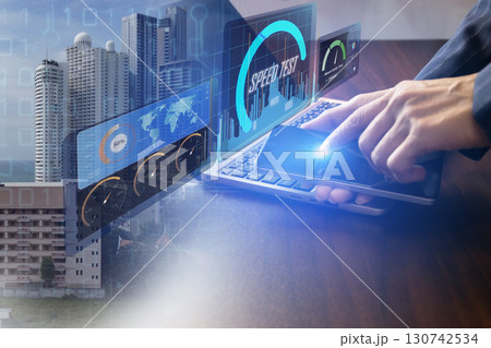 fast internet connection speedtest network bandwidth technology Man using high speed internet with smartphone and laptop computer. 5G quality, speed optimization. fast internet connection speedtest network bandwidth technology Man using high speed internet with smartphone and laptop computer. 5G quality, speed optimization. 130742534