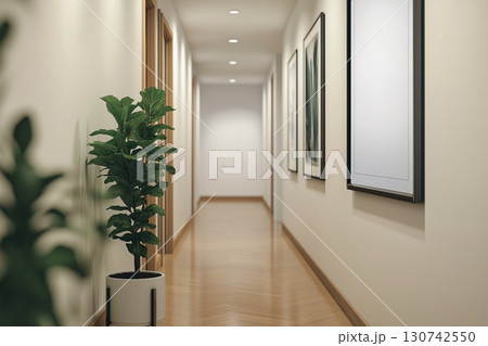 Modern hotel corridor with wooden floor, white walls, empty frames and ficus plant, perfect for showcasing artwork or photography 130742550