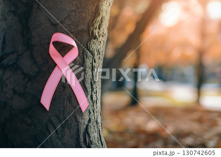 Pink ribbon tied around a tree symbolizing breast cancer awareness during a sunny autumn day 130742605